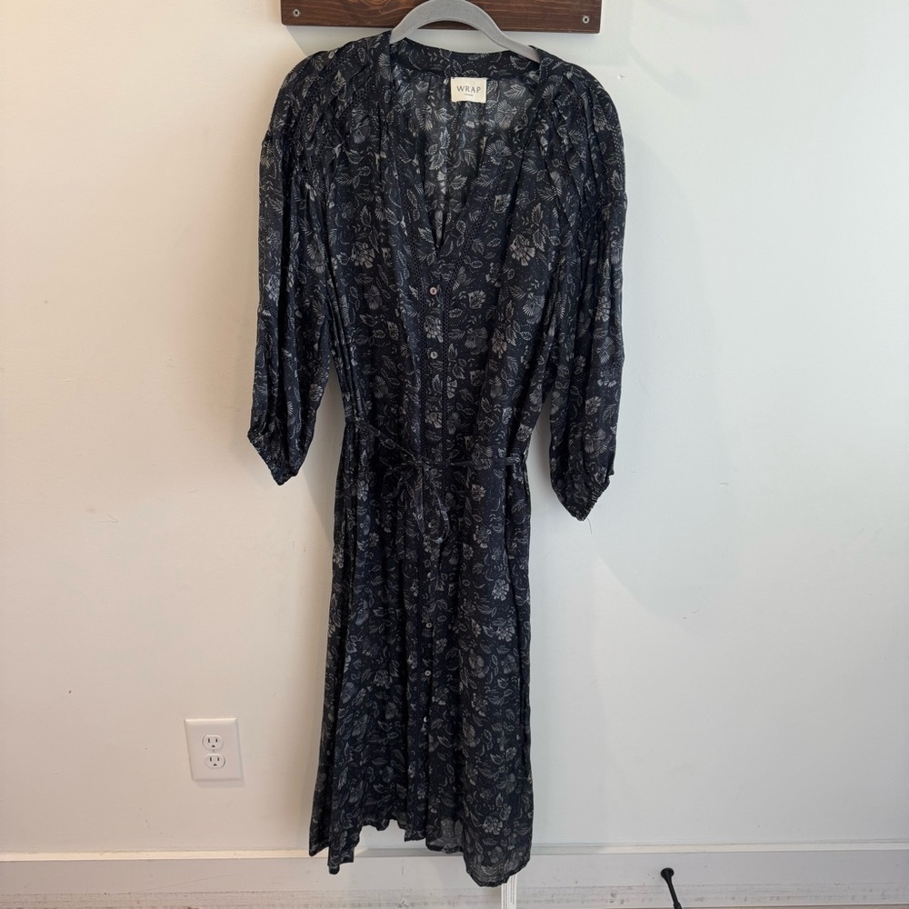 NWT Wrap‎ London Dark Floral Ramie Cotton Mid Dress Size 10